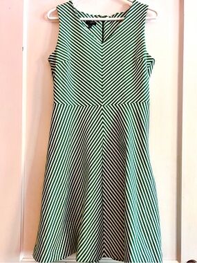 Talbots Green and White Striped Sleeveless Fit-&-Flare Dress